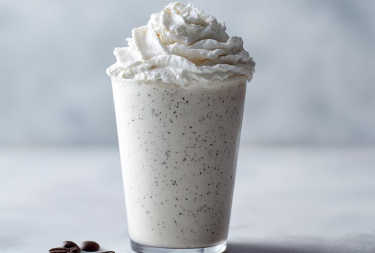 A tall glass of Homemade Vanilla Bean Frappuccino topped with whipped cream and coffee beans nearby.
