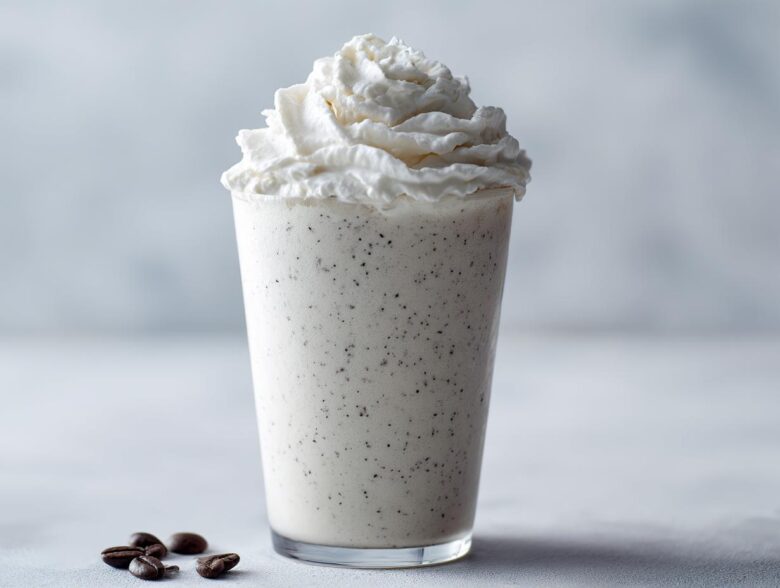 A tall glass of Homemade Vanilla Bean Frappuccino topped with whipped cream and coffee beans nearby.