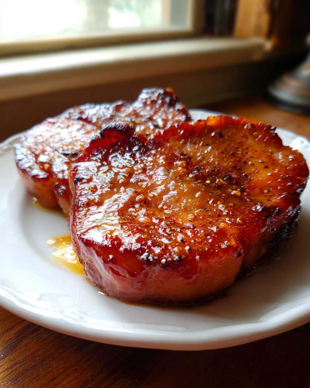 Close-up of two glistening Honey Glazed Ham Steak in the Skillet pieces served on a white plate.