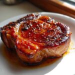 Close-up of a perfectly seared Honey Glazed Ham Steak in the Skillet with a shiny, caramelized glaze.