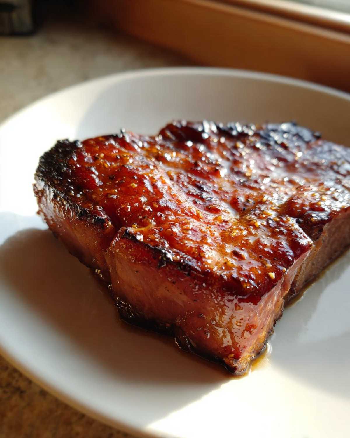 Close-up of a thick, glossy Honey Glazed Ham Steak in the Skillet, caramelized and glistening on a white plate.