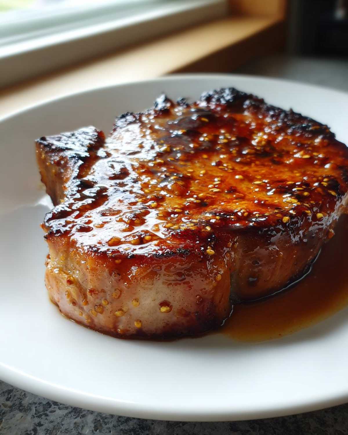 A thick Honey Glazed Ham Steak in the Skillet, glistening with a dark, sweet glaze containing visible whole grain mustard seeds.