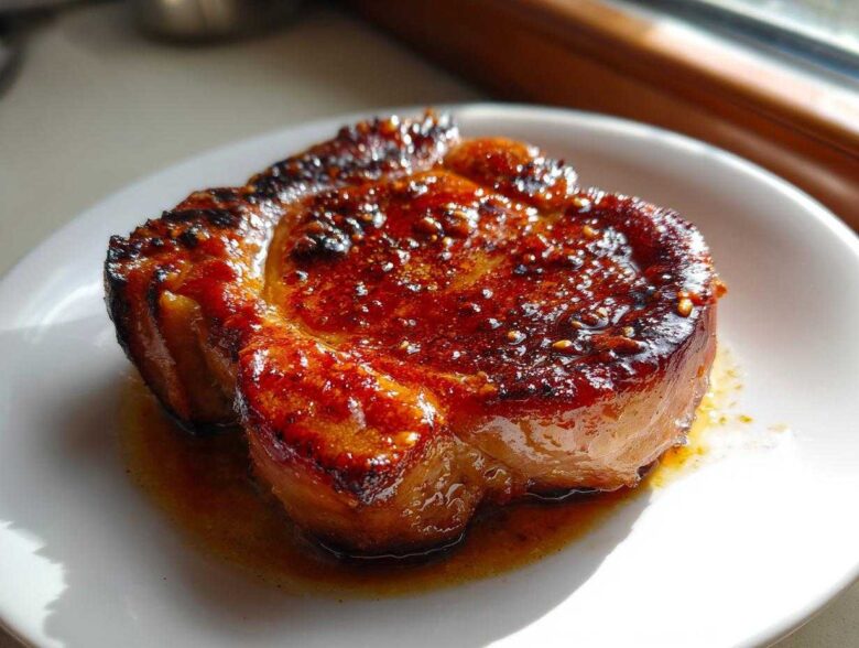 Close-up of a perfectly seared Honey Glazed Ham Steak in the Skillet with a shiny, caramelized glaze.