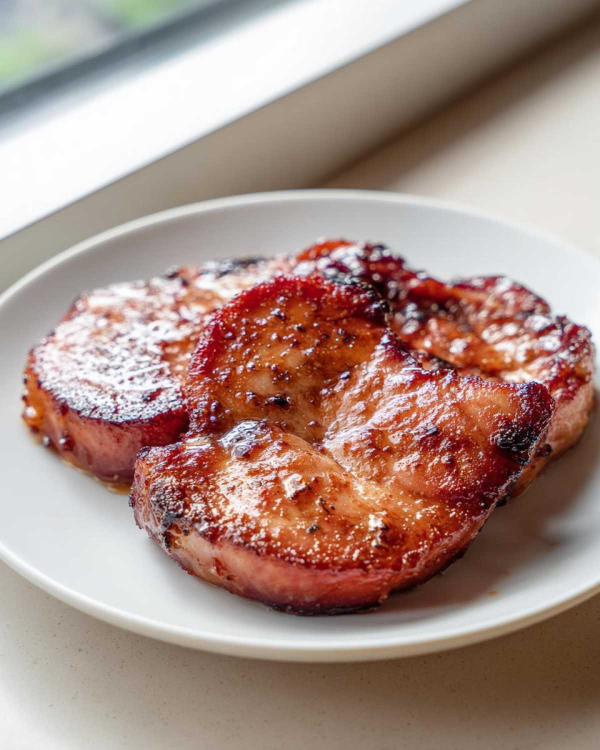 Three thick slices of Honey Glazed Ham Steak, caramelized and glistening on a white plate.