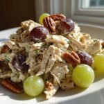 A mound of creamy Honey Mustard Chicken Salad with Grapes and pecans served on a white plate.