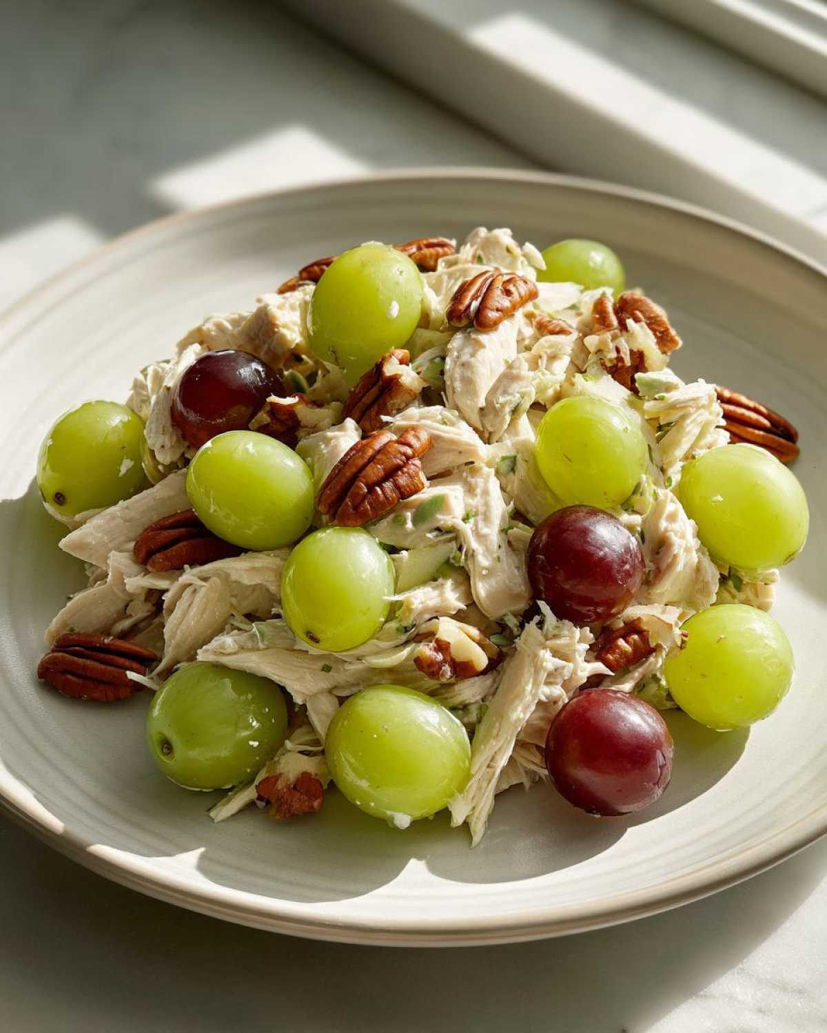 A serving of Honey Mustard Chicken Salad with Grapes, mixed with shredded chicken and pecans on a light plate.