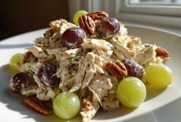 A mound of creamy Honey Mustard Chicken Salad with Grapes and pecans served on a white plate.