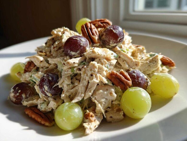 A mound of creamy Honey Mustard Chicken Salad with Grapes and pecans served on a white plate.