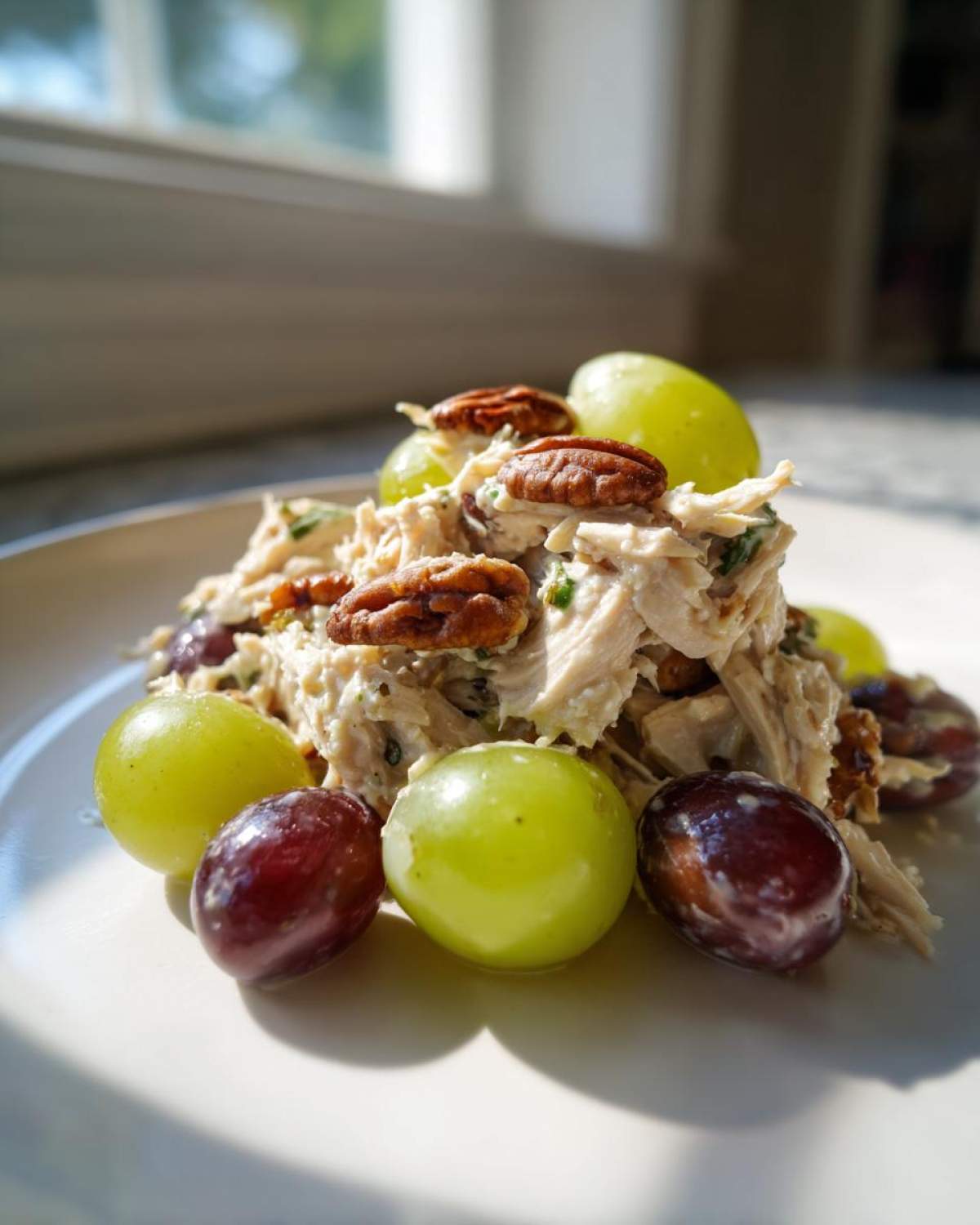 Close-up of Honey Mustard Chicken Salad with Grapes and pecans served on a white plate in bright sunlight.