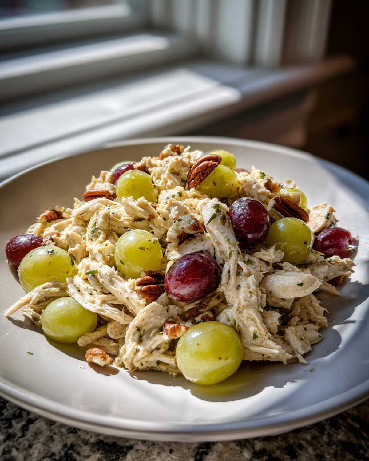 Shredded chicken salad mixed with green and red grapes and pecans, featuring Honey Mustard Chicken Salad.