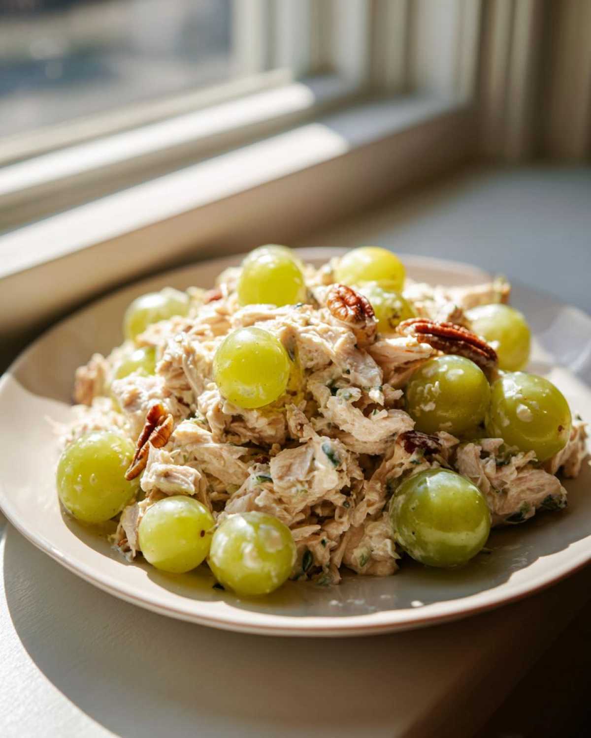 Close-up of Honey Mustard Chicken Salad with Grapes and pecans served on a light plate near a window.