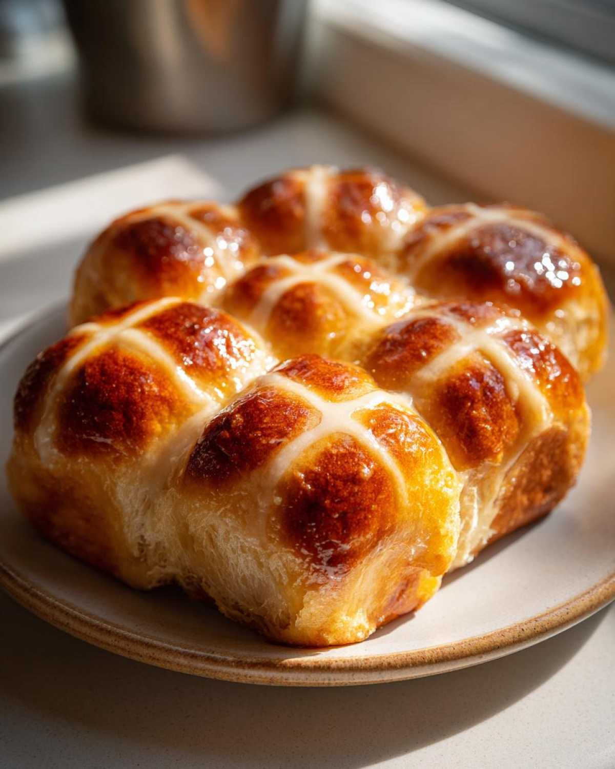 A cluster of freshly baked Hot Cross Buns with Orange Glaze, featuring a shiny, golden-brown crust and white icing crosses.
