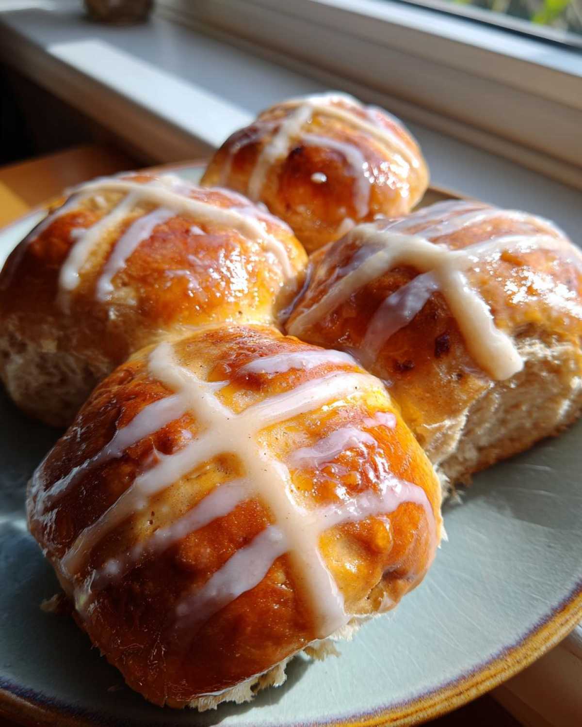 Four freshly baked Hot Cross Buns with a shiny orange glaze and white icing crosses, sitting on a plate.
