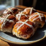 Five freshly baked Hot Cross Buns with Orange Glaze drizzled with white icing, sitting on a rustic plate.