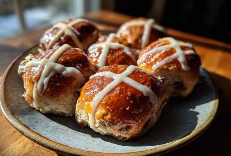 Five freshly baked Hot Cross Buns with Orange Glaze drizzled with white icing, sitting on a rustic plate.