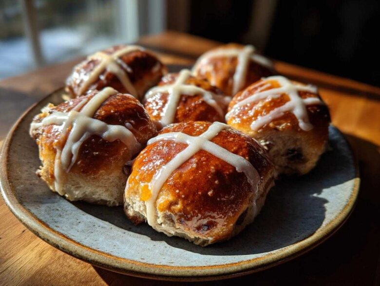 Five freshly baked Hot Cross Buns with Orange Glaze drizzled with white icing, sitting on a rustic plate.