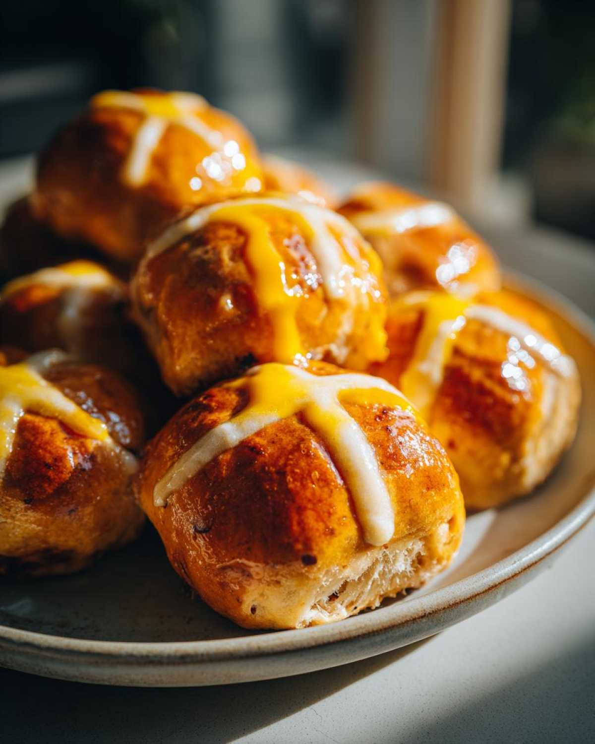 A close-up of freshly baked Hot Cross Buns with Orange Glaze piled on a plate, showing a shiny finish.