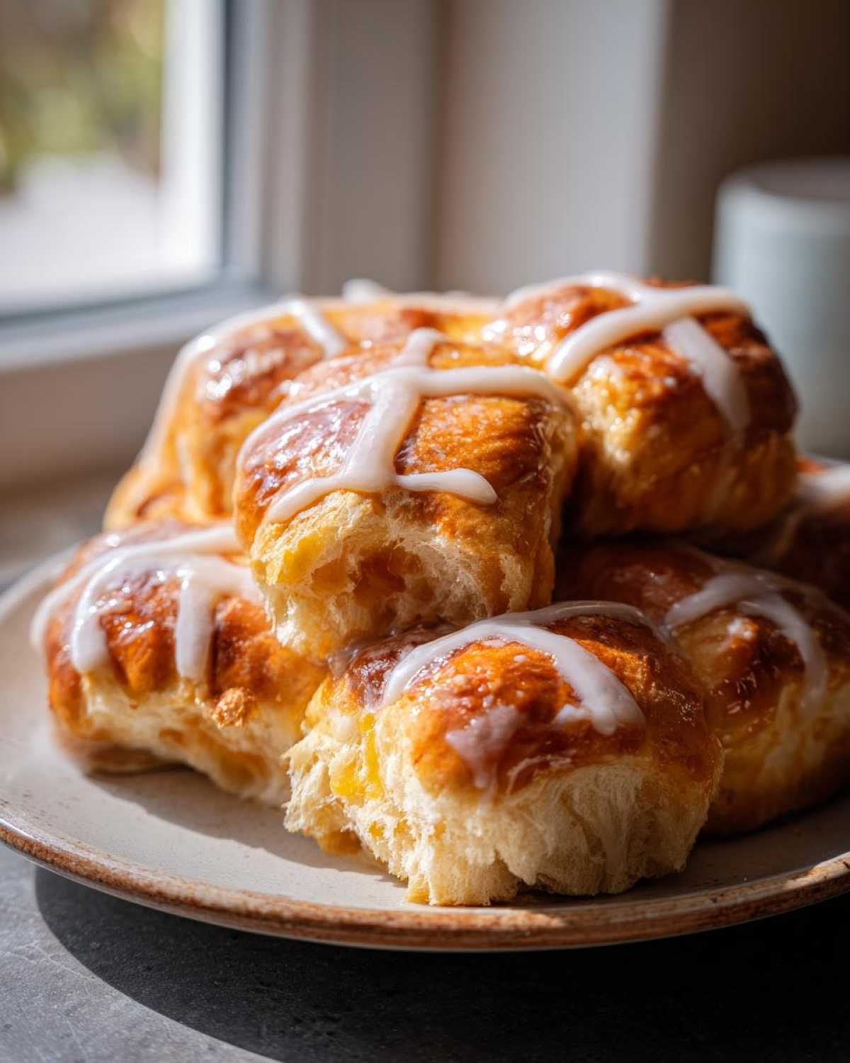 A stack of freshly baked Hot Cross Buns with Orange Glaze, featuring a bright white icing cross and soft interior.