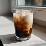 Close-up of an Iced Brown Sugar Oatmilk Latte showing dark coffee swirling beautifully with creamy oatmilk over ice.