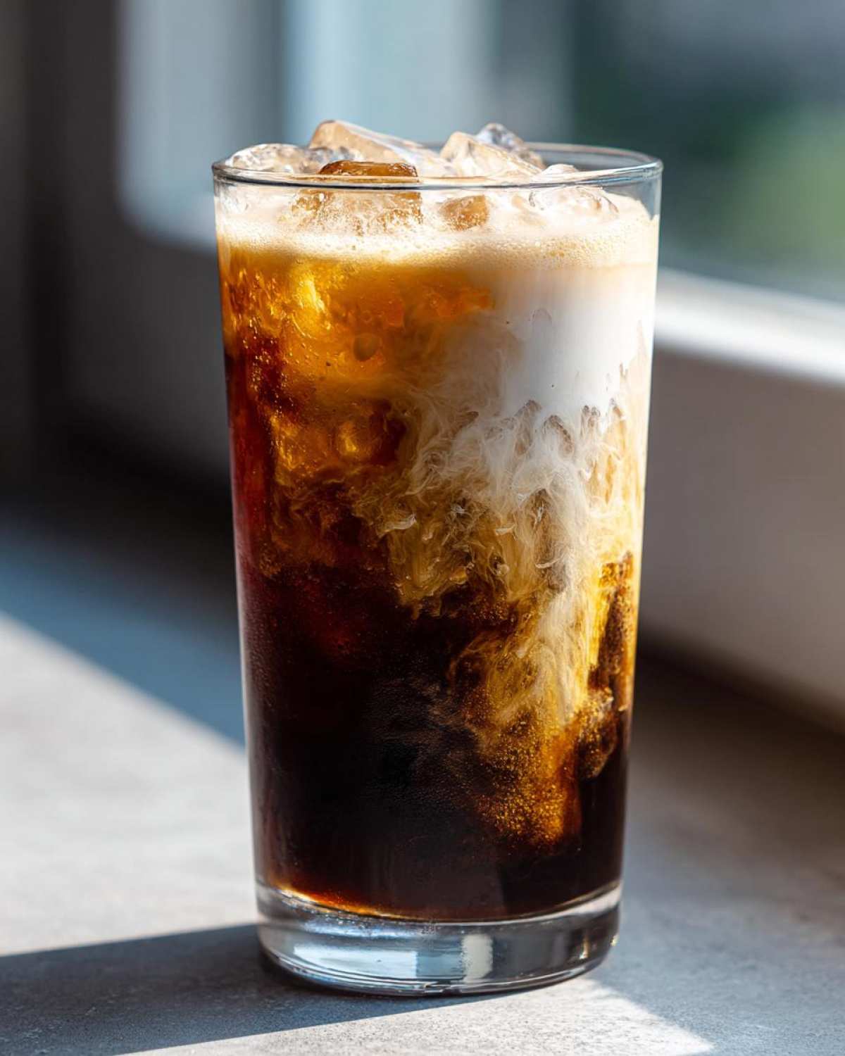 Close-up of an Iced Brown Sugar Oatmilk Latte showing rich, swirling layers of dark espresso and creamy oat milk.