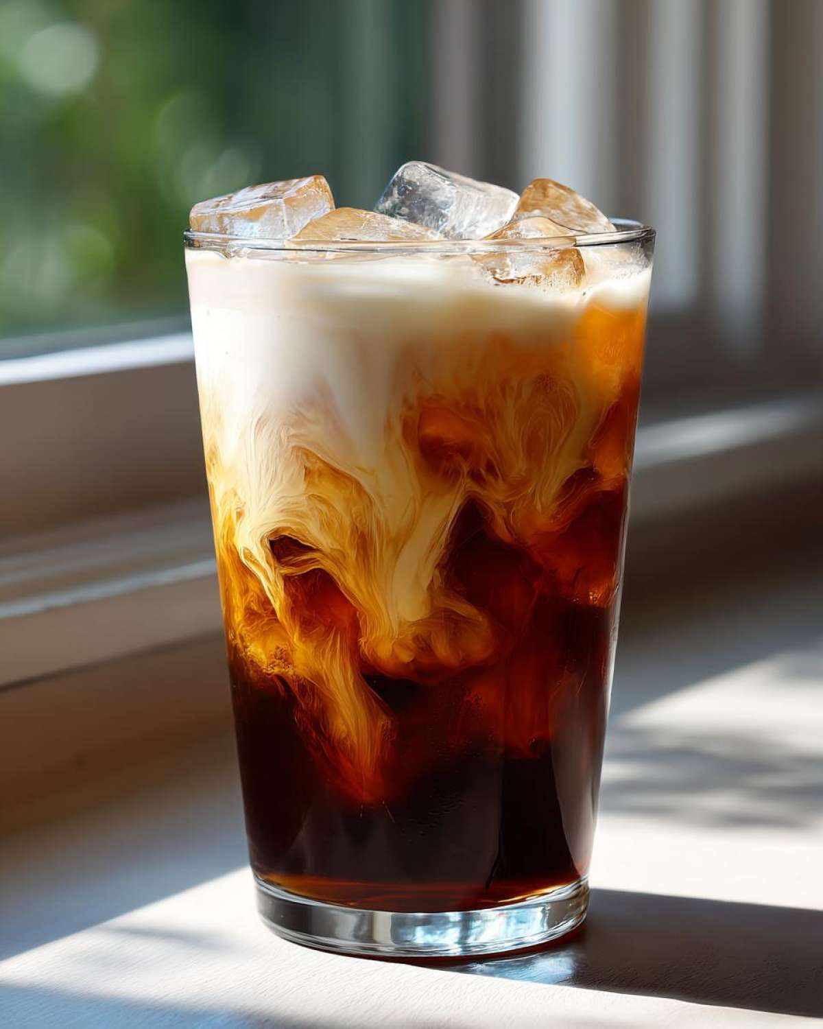 Close-up of an Iced Brown Sugar Oatmilk Latte showing the creamy oatmilk swirling into the dark coffee.