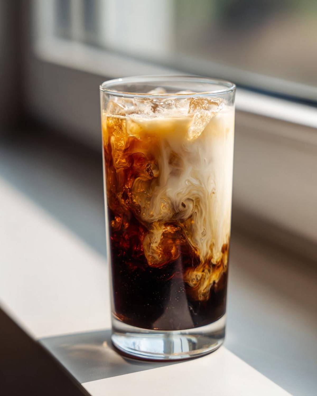 Close-up of an Iced Brown Sugar Oatmilk Latte showing rich coffee swirling into the oat milk.