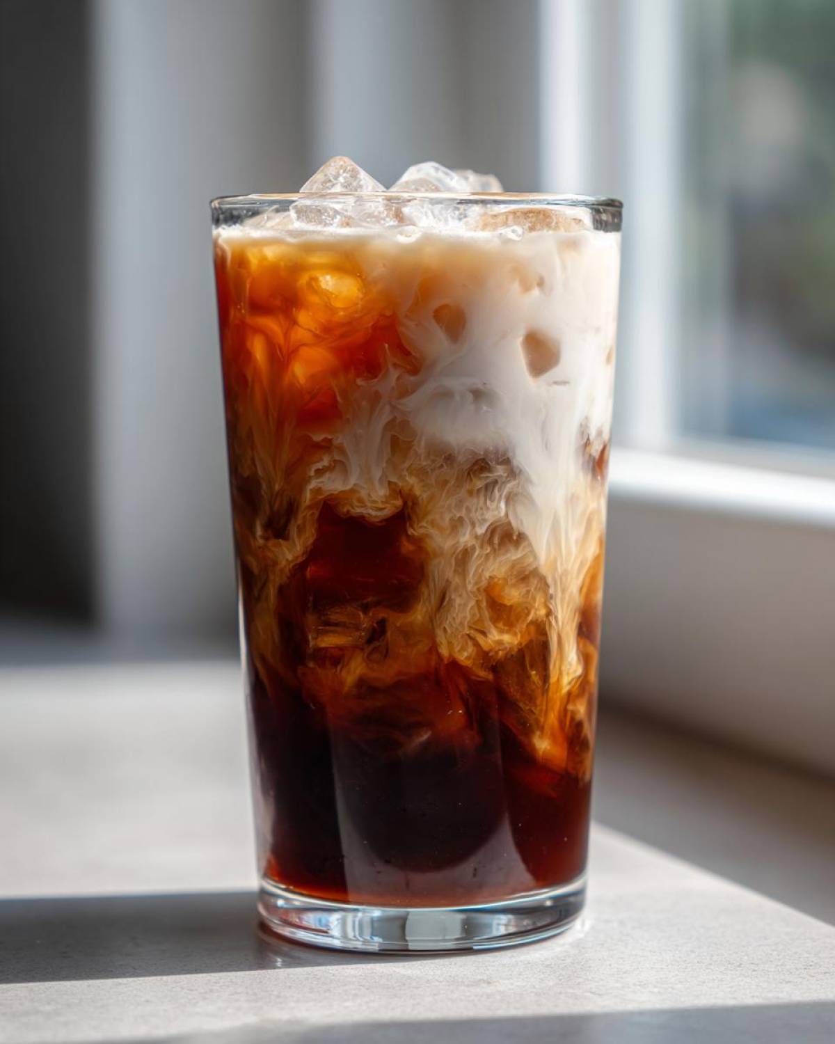 Close-up of an Iced Brown Sugar Oatmilk Latte showing the rich swirl of coffee and oat milk.