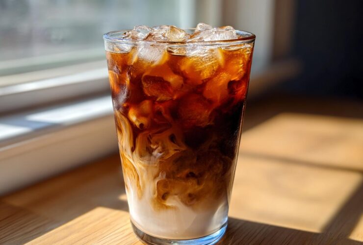 A tall glass of Iced Brown Sugar Oatmilk Latte showing layers of dark espresso swirling into creamy oatmilk over ice.