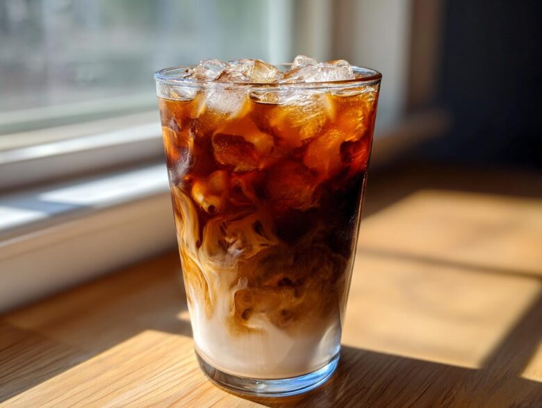 A tall glass of Iced Brown Sugar Oatmilk Latte showing layers of dark espresso swirling into creamy oatmilk over ice.