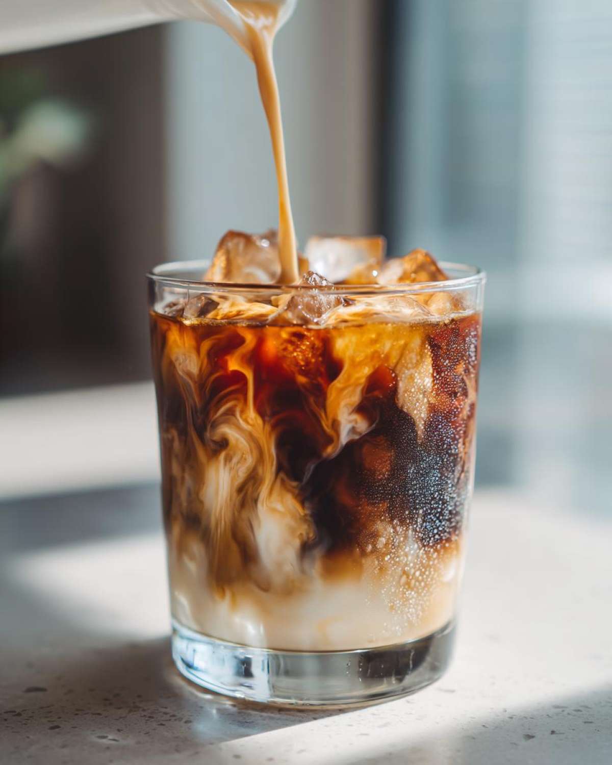 Close-up of milk being poured into ice and coffee to create an Iced Honey Almond Milk Latte, showing beautiful swirls.