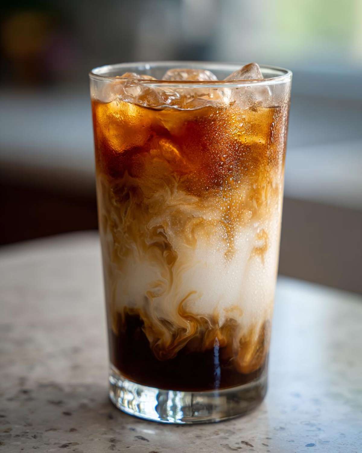 Close-up of an Iced Honey Almond Milk Latte showing rich coffee swirling into the white almond milk.