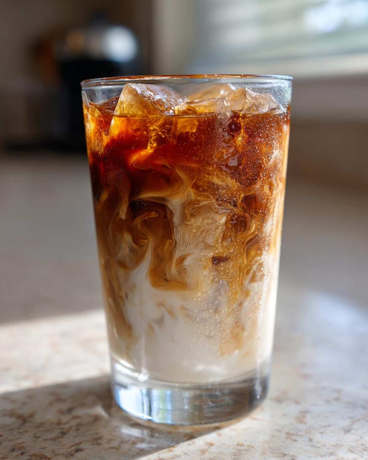 Close-up of an Iced Honey Almond Milk Latte showing rich coffee swirling into the white almond milk and ice cubes.