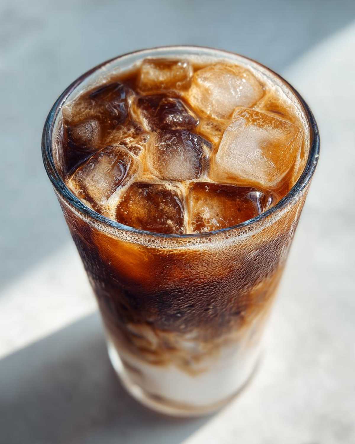 Close-up of a tall glass containing an Iced Lavender Latte, showing layers of milk and dark coffee over ice cubes.