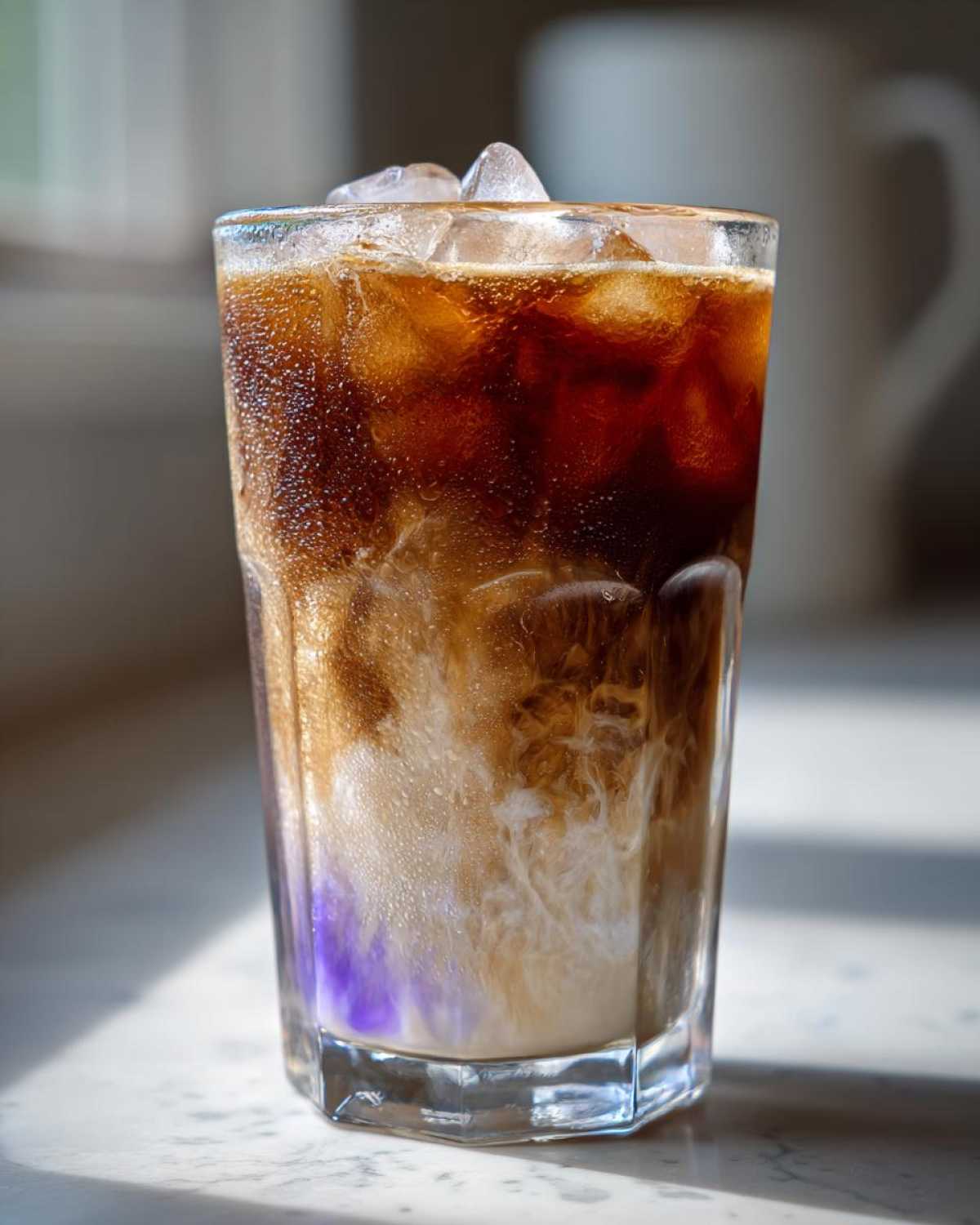 A tall glass showing the layers of an Iced Lavender Latte with purple syrup, milk, and dark espresso over ice.