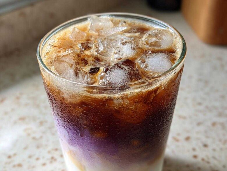Close-up of a refreshing Iced Lavender Latte showing distinct layers of milk, purple syrup, and dark espresso over ice.