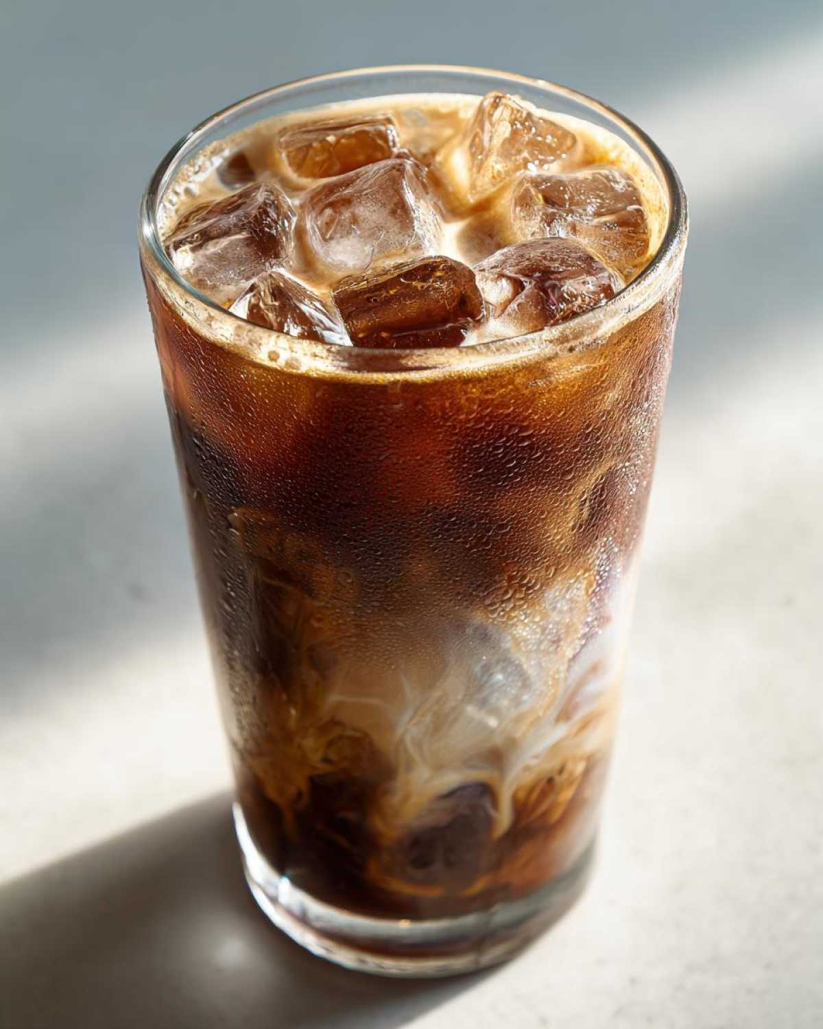 Close-up of a tall glass filled with ice cubes and a swirling Iced Lavender Latte.