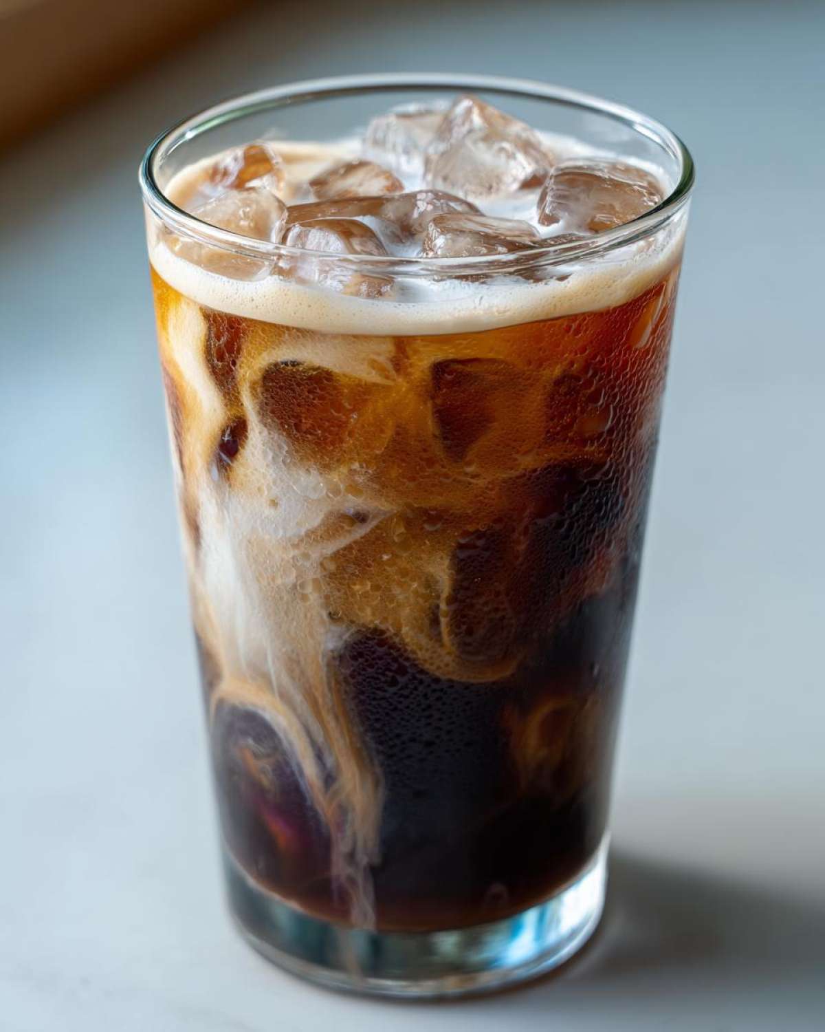 Close-up of an Iced Lavender Latte showing rich espresso swirling into milk over ice cubes.