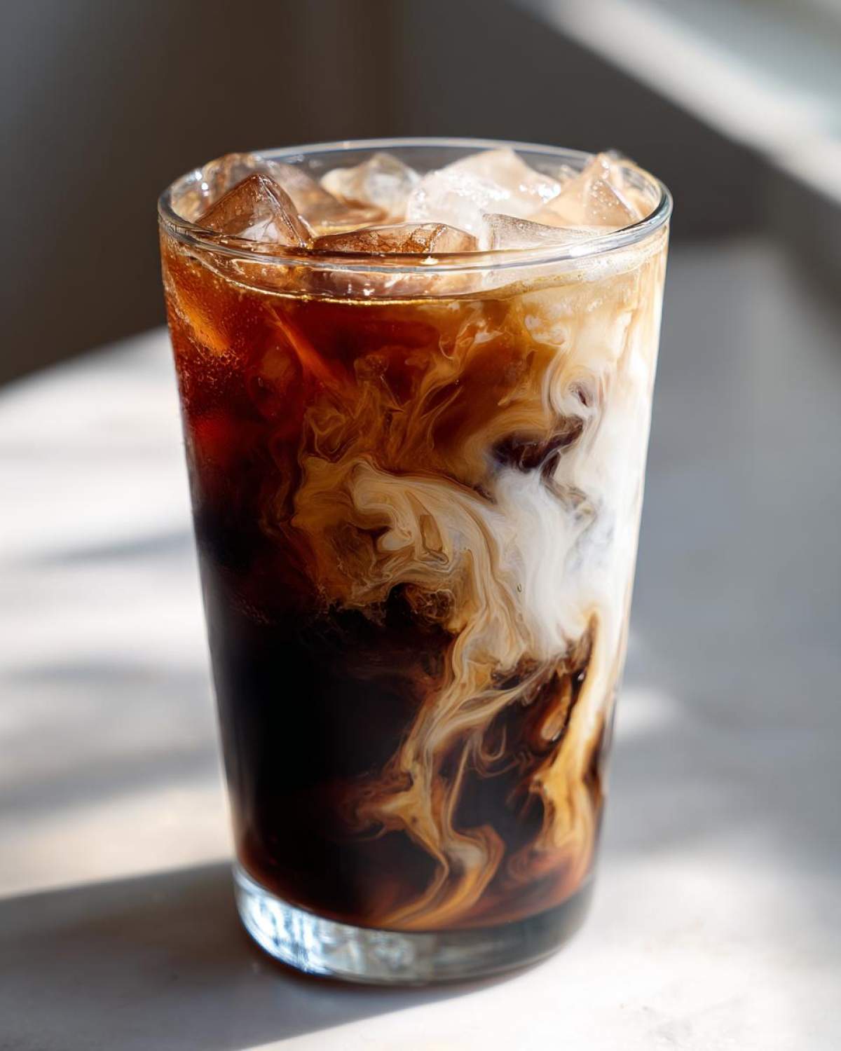 Close-up of a tall glass filled with an Iced Mocha, showing rich dark coffee swirling beautifully with white cream and ice cubes.