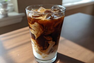 Close-up of an Iced Mocha showing rich dark coffee swirling beautifully with white milk over ice cubes.