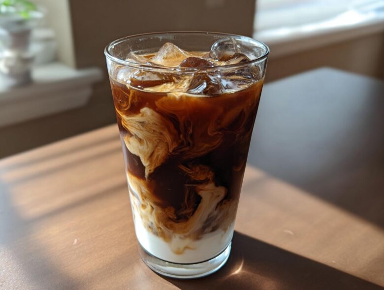 Close-up of an Iced Mocha showing rich dark coffee swirling beautifully with white milk over ice cubes.