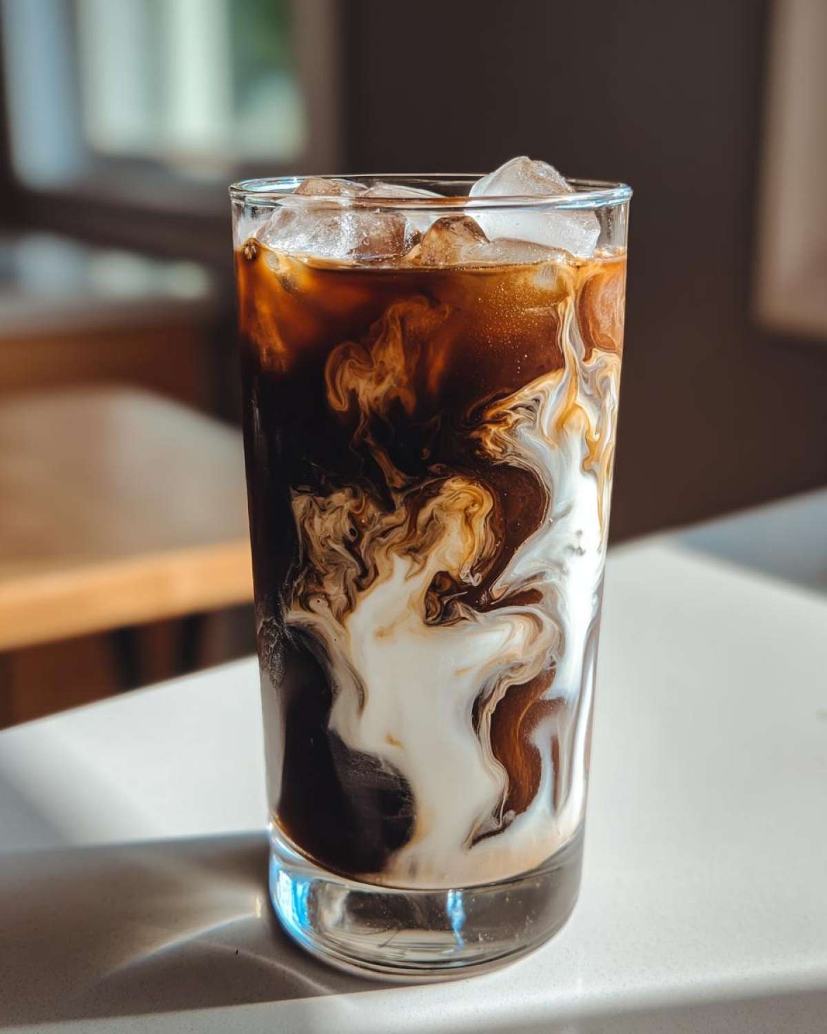 Close-up of an Iced Mocha with milk swirling dramatically into dark coffee over ice cubes.