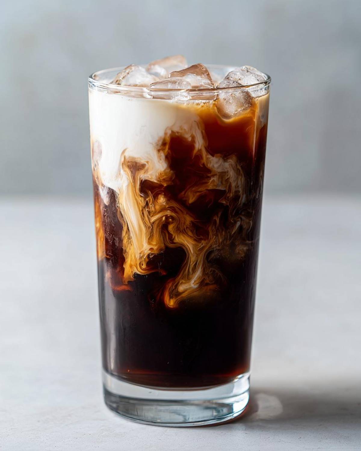 Close-up of a tall glass filled with an Iced Mocha, showing rich dark coffee swirling with white cream over ice cubes.