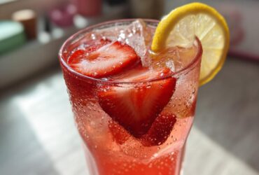 Close-up of a tall, sweating glass filled with Iced Strawberry Lemon Tea, sliced strawberries, and a lemon wheel garnish.