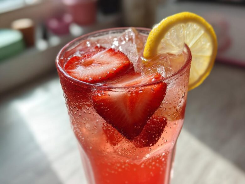 Close-up of a tall, sweating glass filled with Iced Strawberry Lemon Tea, sliced strawberries, and a lemon wheel garnish.
