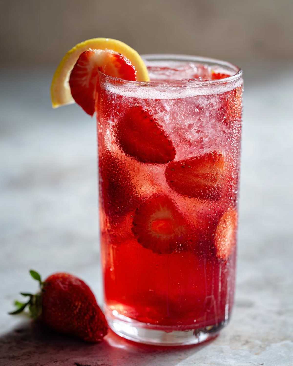 Close-up of a tall, sweating glass filled with Iced Strawberry Lemon Tea, sliced strawberries, and a lemon wedge garnish.