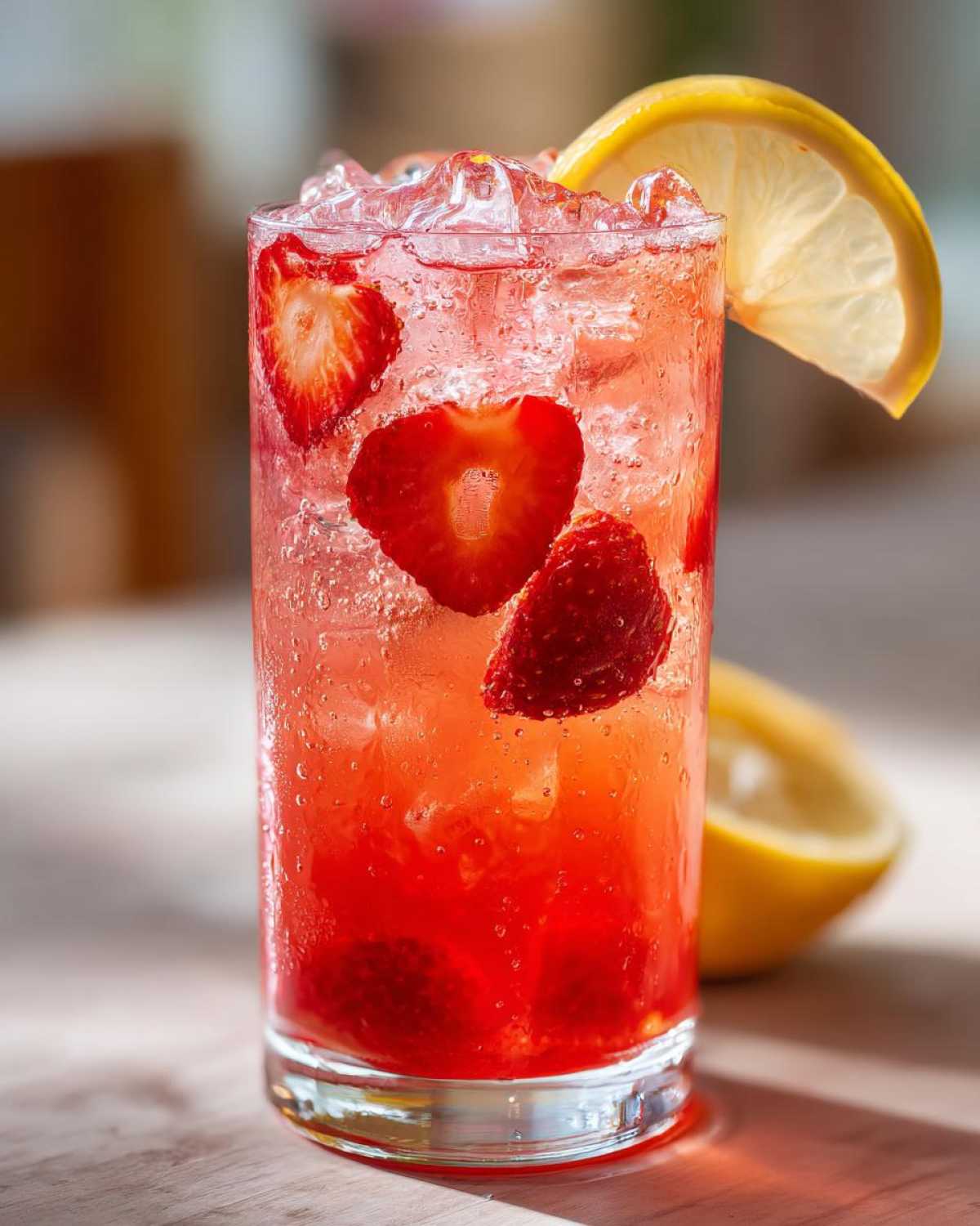 Close-up of a tall glass filled with Iced Strawberry Lemon Tea, ice, sliced strawberries, and a lemon wedge garnish.