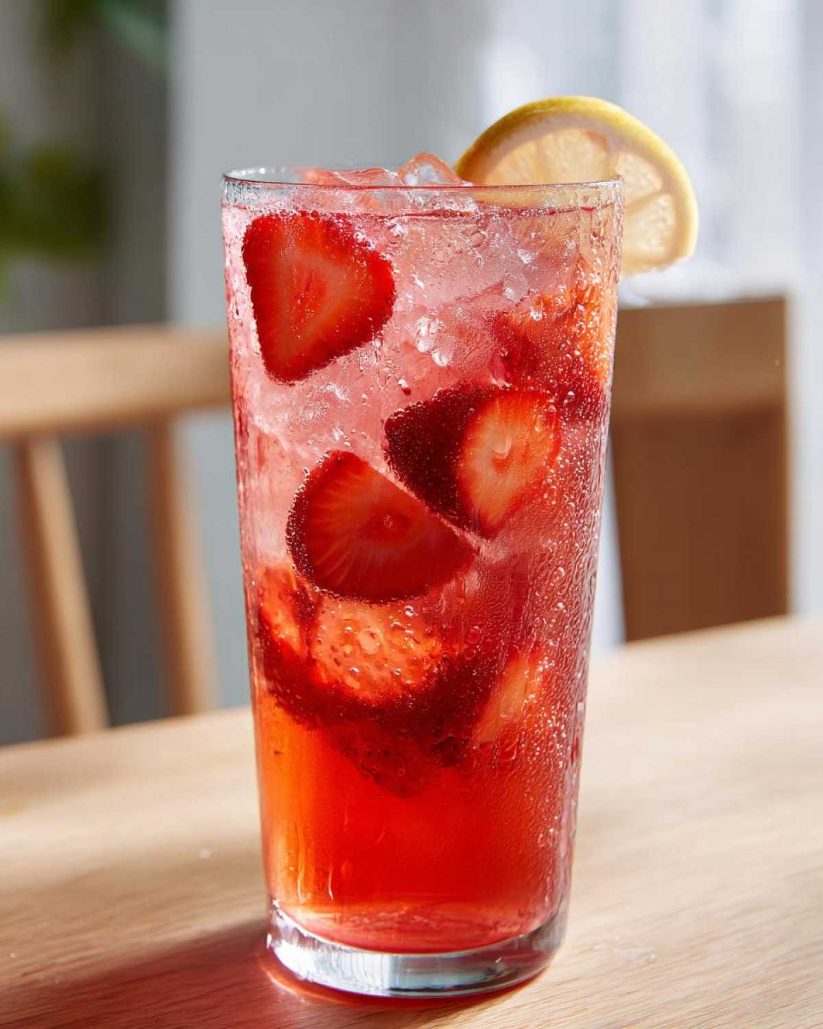 Close-up of a tall glass filled with Iced Strawberry Lemon Tea, ice, and fresh strawberry slices, garnished with a lemon wedge.