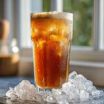 A tall, sweating glass filled with an Iced Vanilla Chai Latte, surrounded by crushed ice cubes.