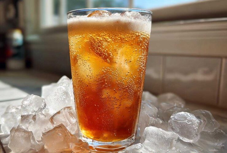 A tall glass filled with a bubbly, amber-colored Iced Vanilla Chai Latte, surrounded by large ice cubes.
