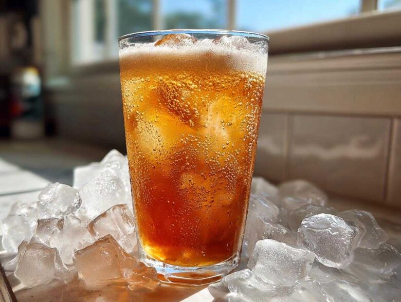 A tall glass filled with a bubbly, amber-colored Iced Vanilla Chai Latte, surrounded by large ice cubes.